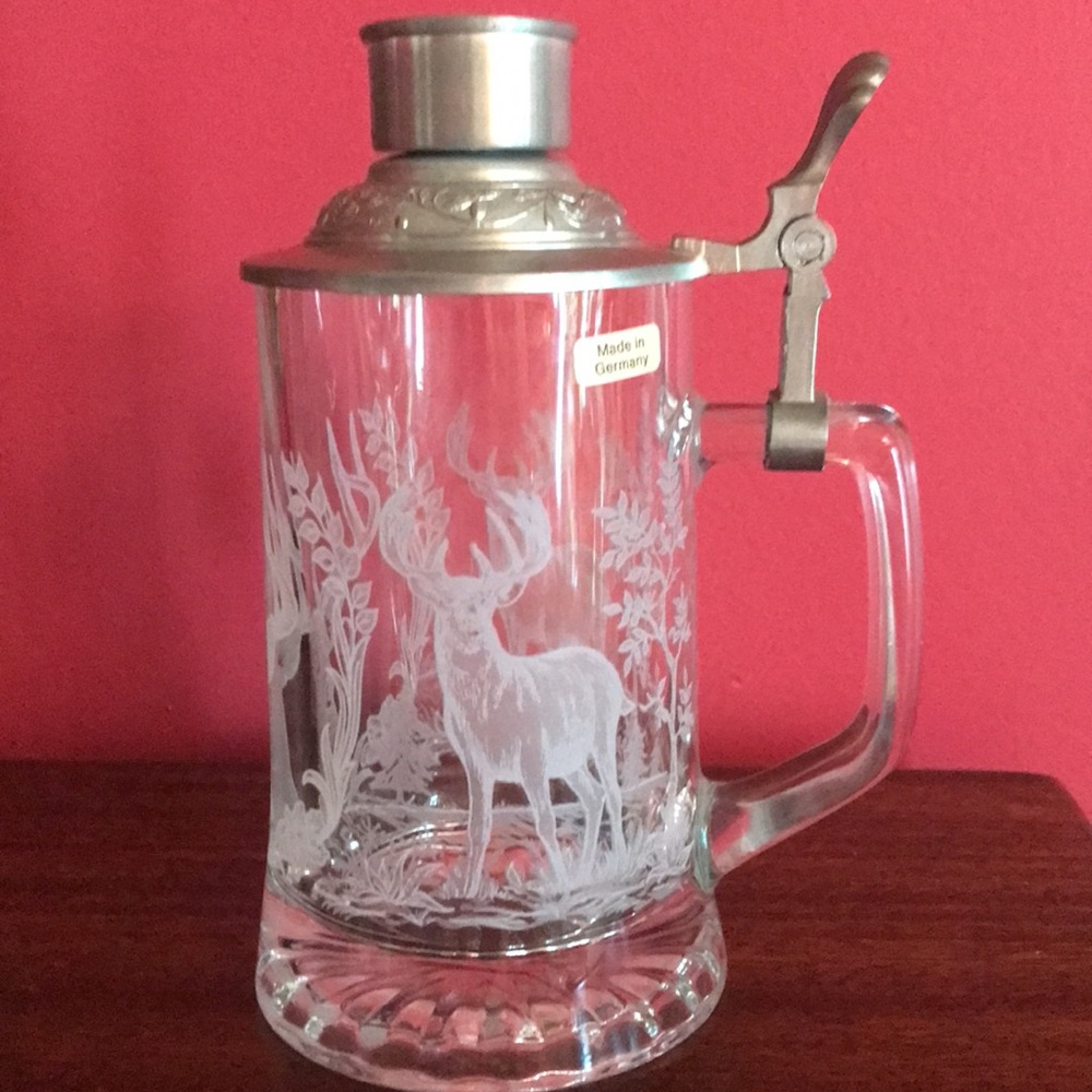 Vintage German Mug Stein Etched Deer Buck Trees Pewter Lidded Top Xmas Gift